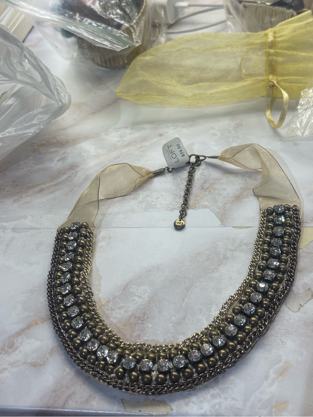 Ann Taylor LOFT Gold Beaded Ribbon Statement Necklace